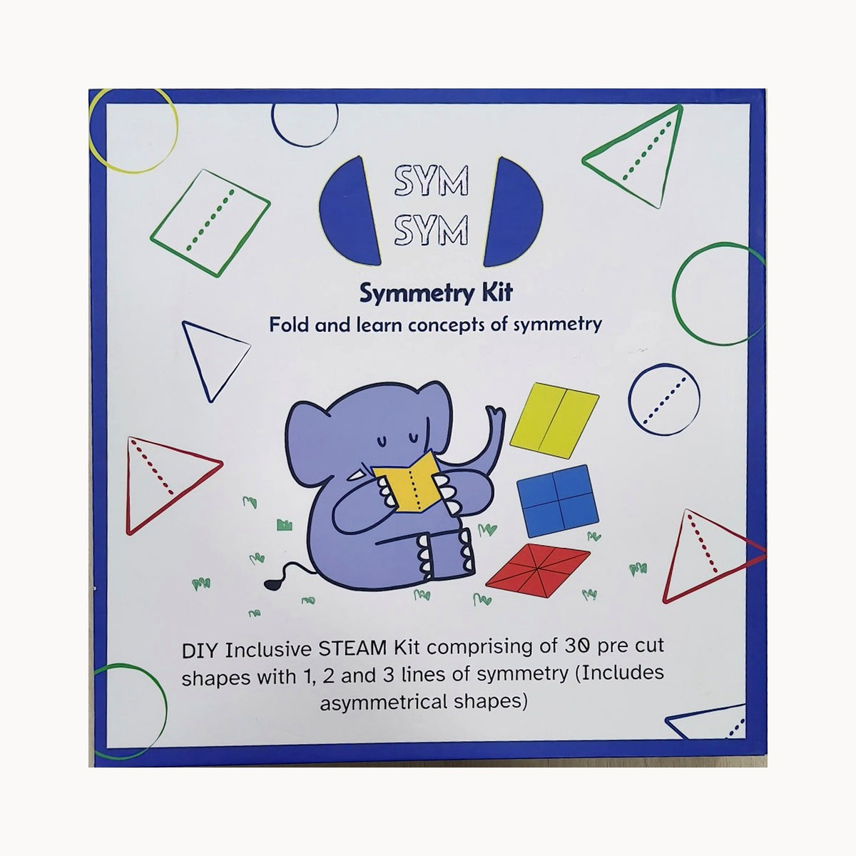 SymSym symmetry kit box front showing elephant illustration and pre-cut shapes for learning lines of symmetry