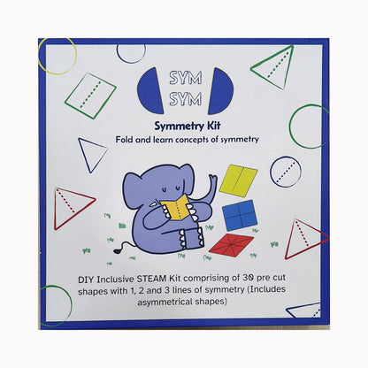 SymSym symmetry kit box front showing elephant illustration and pre-cut shapes for learning lines of symmetry