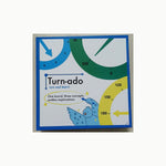 Turn-ado box front with three learning concepts: clock time, cardinal directions and angles, and blue border