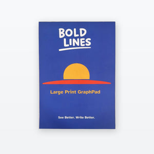Blue Bold Lines Large Print Graph Pad front cover with sunset graphic and See Better Write Better tagline