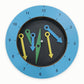 Turn-ado round blue magnetic board showing six interchangeable coloured movable pointers on clock learning ring