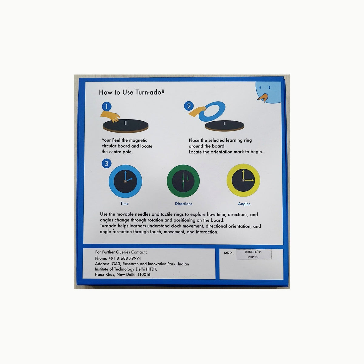 Turn-ado product box back showing illustrated instructions to position magnetic board, label ring and pointers for three topics