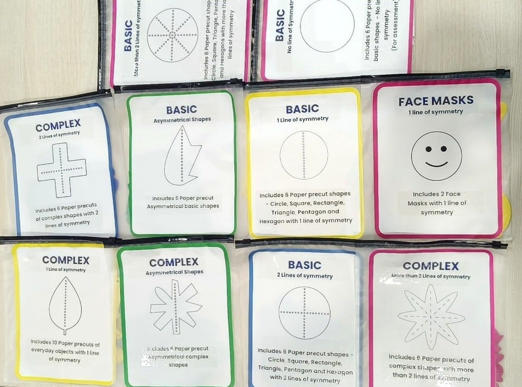 Packaged SymSym activity sets for basic and complex symmetrical shapes, asymmetrical shapes and face masks
