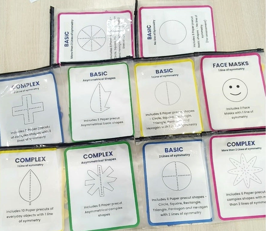 SymSym inclusive STEAM kit activity pouches arranged by number of lines of symmetry and shape complexity