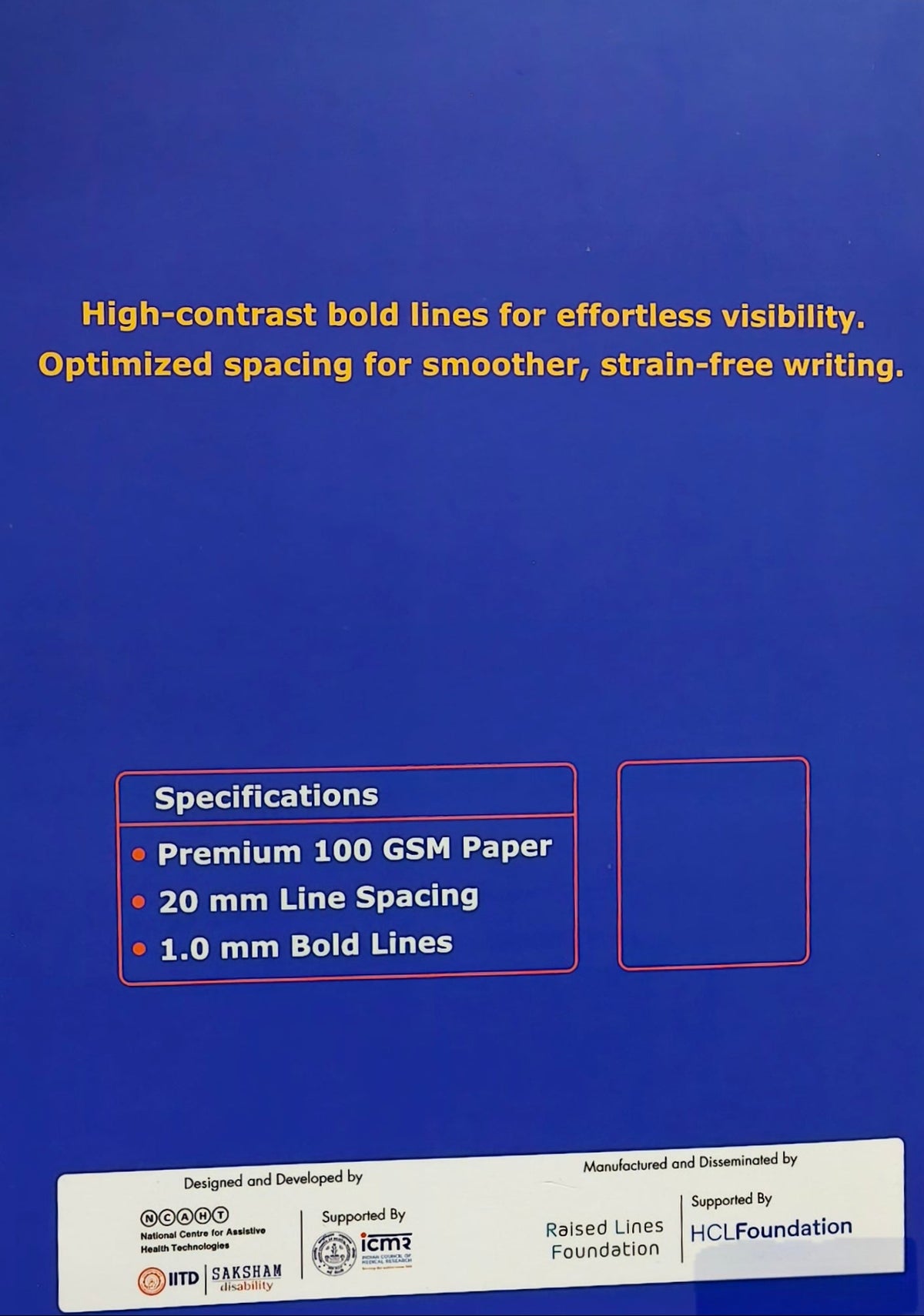 Back cover of Bold Lines Large Print Notepad with 100 GSM paper, 1 mm black ruling and 20 mm line spacing specifications