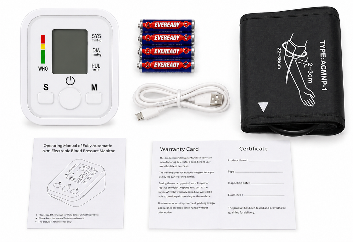 Blood pressure monitor with cuff, batteries, USB cable, and documentation on a white background