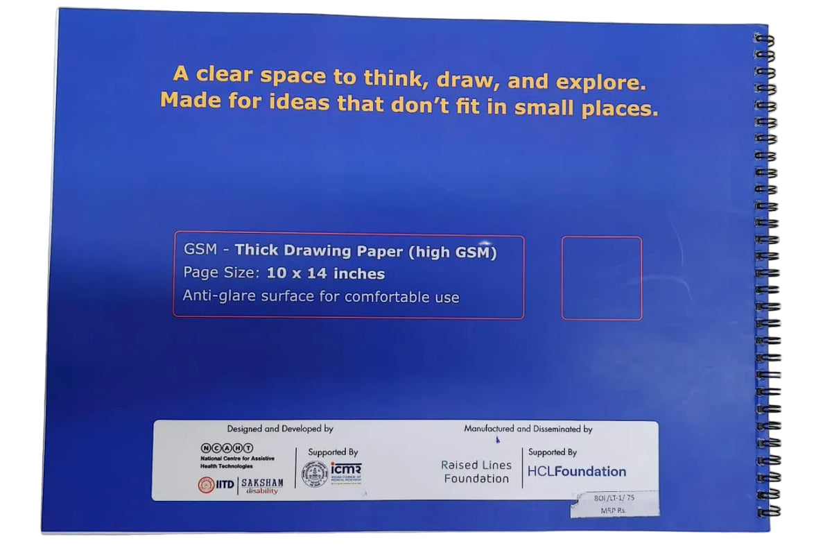 Back cover of Bold Lines Sketchpad showing 10 by 14 inch page size, thick drawing paper and anti-glare surface specifications