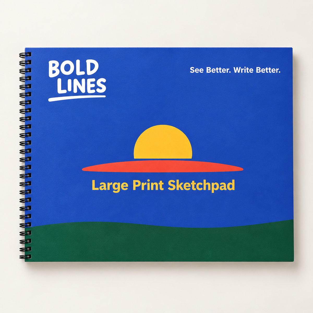 Front cover of Bold Lines Large Format Sketchpad with blue background, sun design, green band and black spiral binding