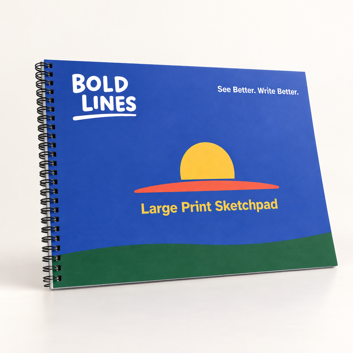 Angled view of Bold Lines Large Format Sketchpad with blue cover and black spiral binding