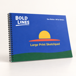 Angled view of Bold Lines Large Format Sketchpad with blue cover and black spiral binding