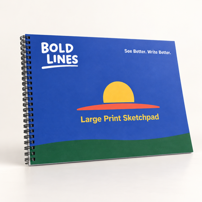 Angled view of Bold Lines Large Format Sketchpad with blue cover and black spiral binding