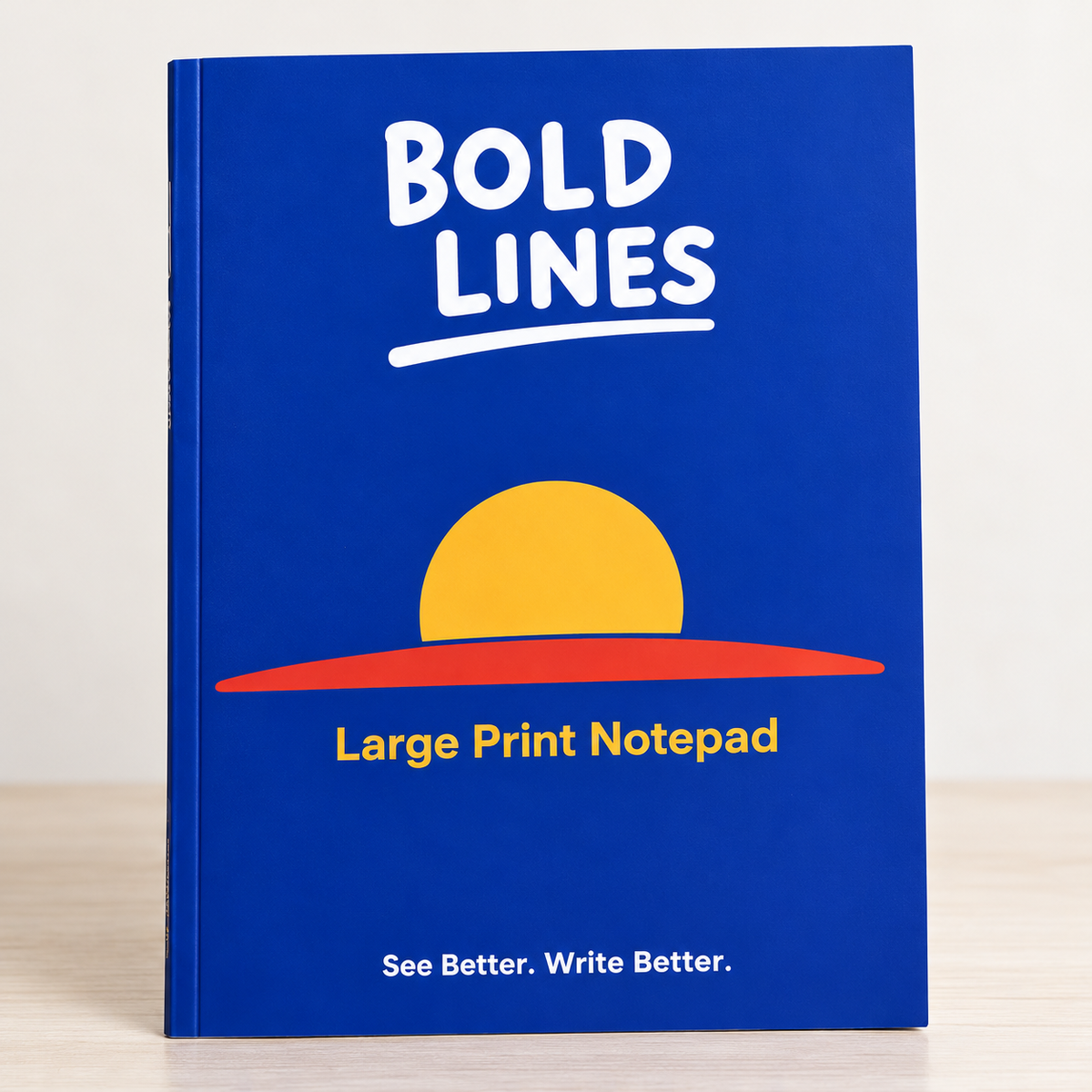 Bold Lines Large Print Notepad product image showing its blue branded cover and accessible wide-ruled writing format