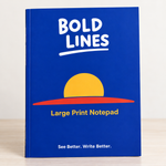 Bold Lines Large Print Notepad product image showing its blue branded cover and accessible wide-ruled writing format