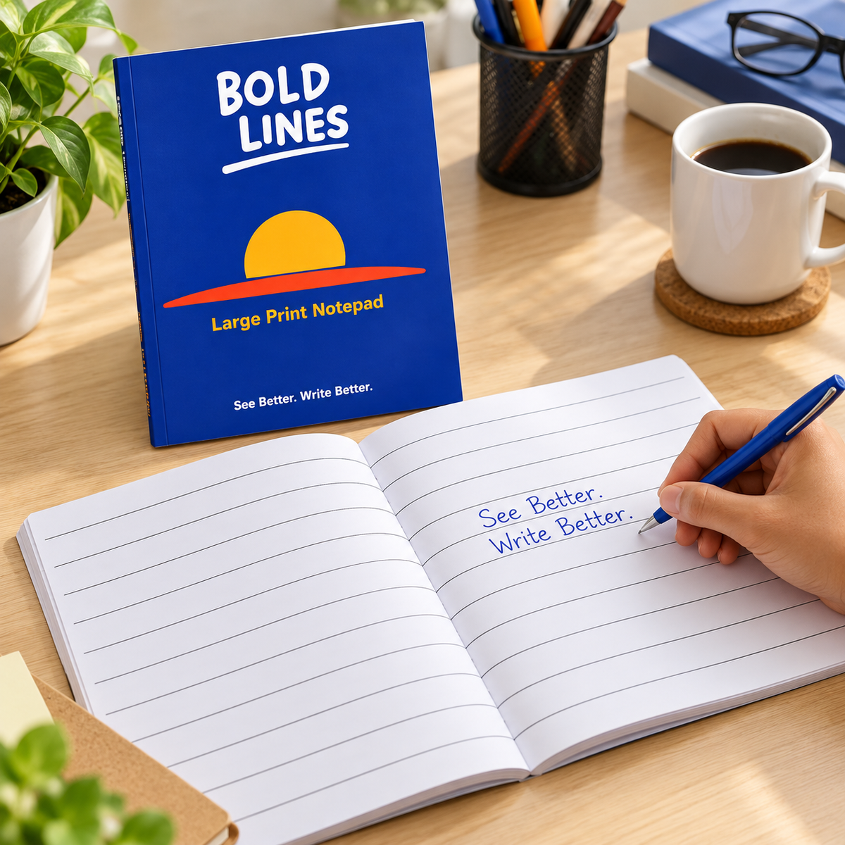 Front cover of Bold Lines Large Print Notepad with blue background, yellow sun graphic and See Better Write Better slogan