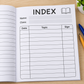 Index page of the Bold Lines Large Print Notepad with fields for name, class, date, topic and signature