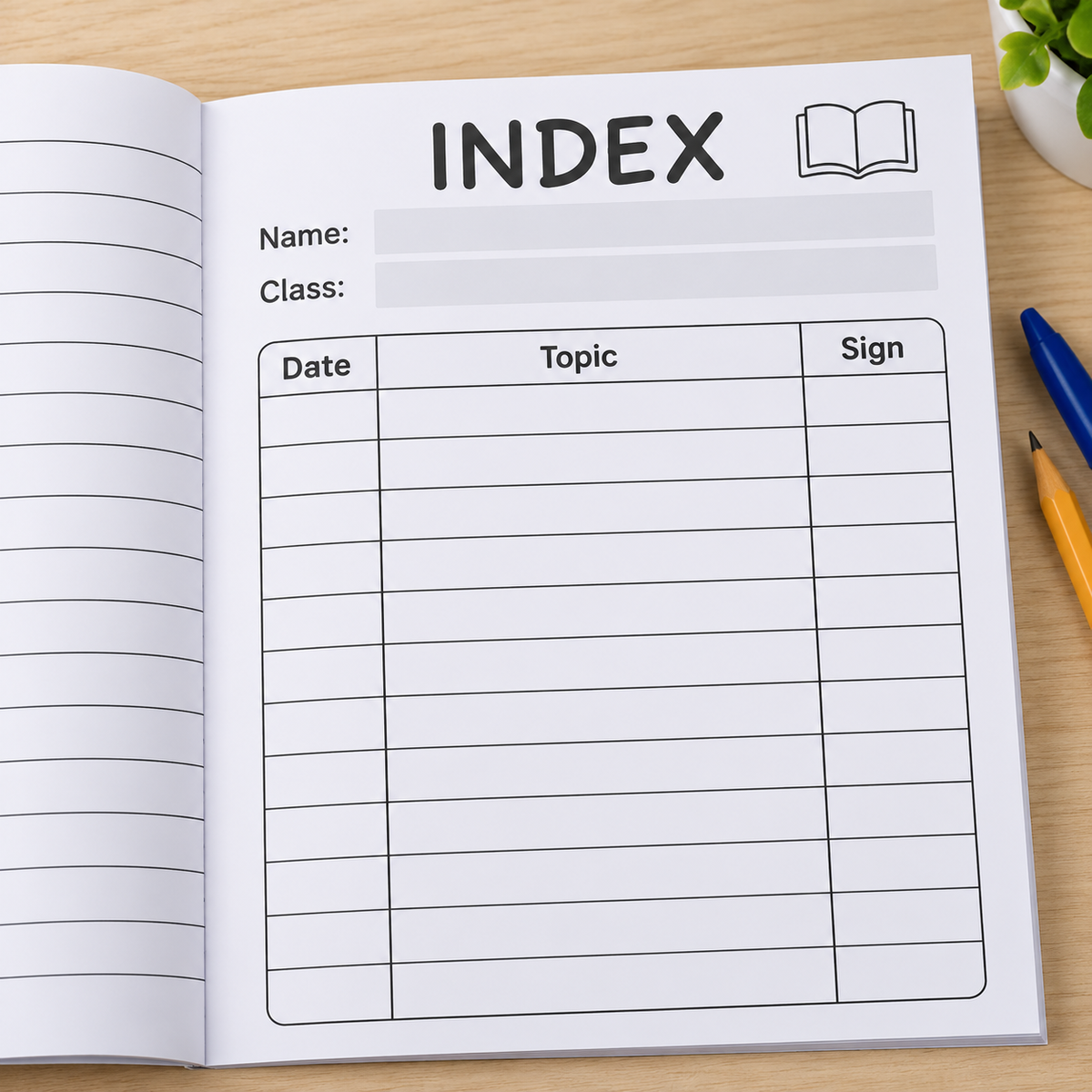 Index page of the Bold Lines Large Print Notepad with fields for name, class, date, topic and signature