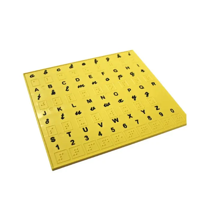 Braille English alphabet chart plastic plate yellow — Worth Trust teaching aid for blind students