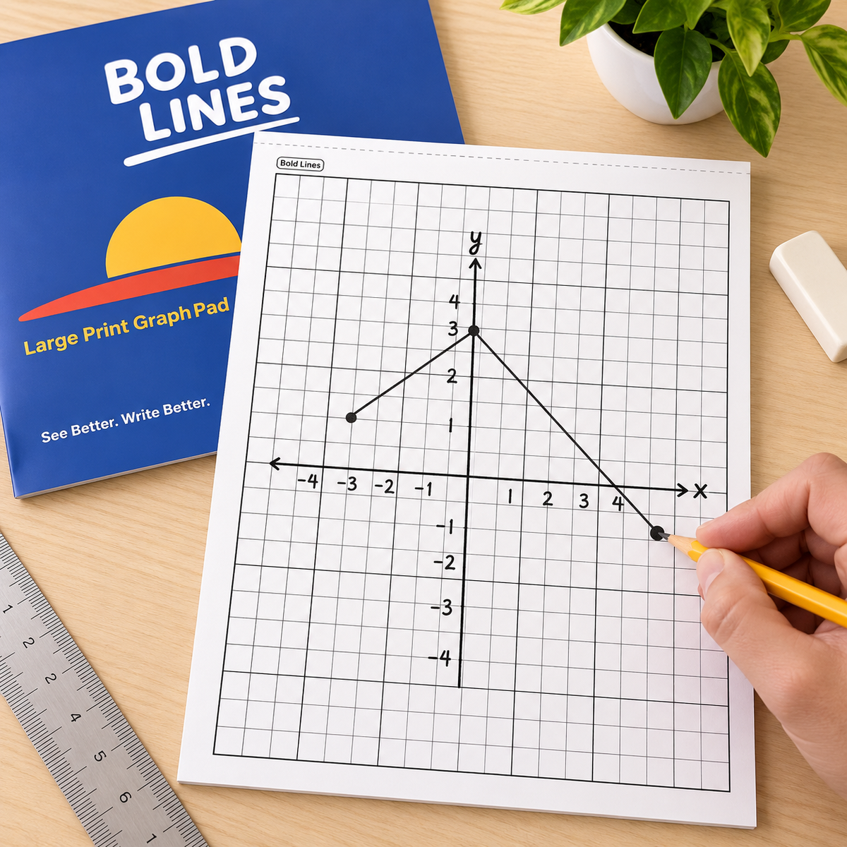 Illustration showing a hand plotting points on coordinate axes drawn on Bold Lines graph paper