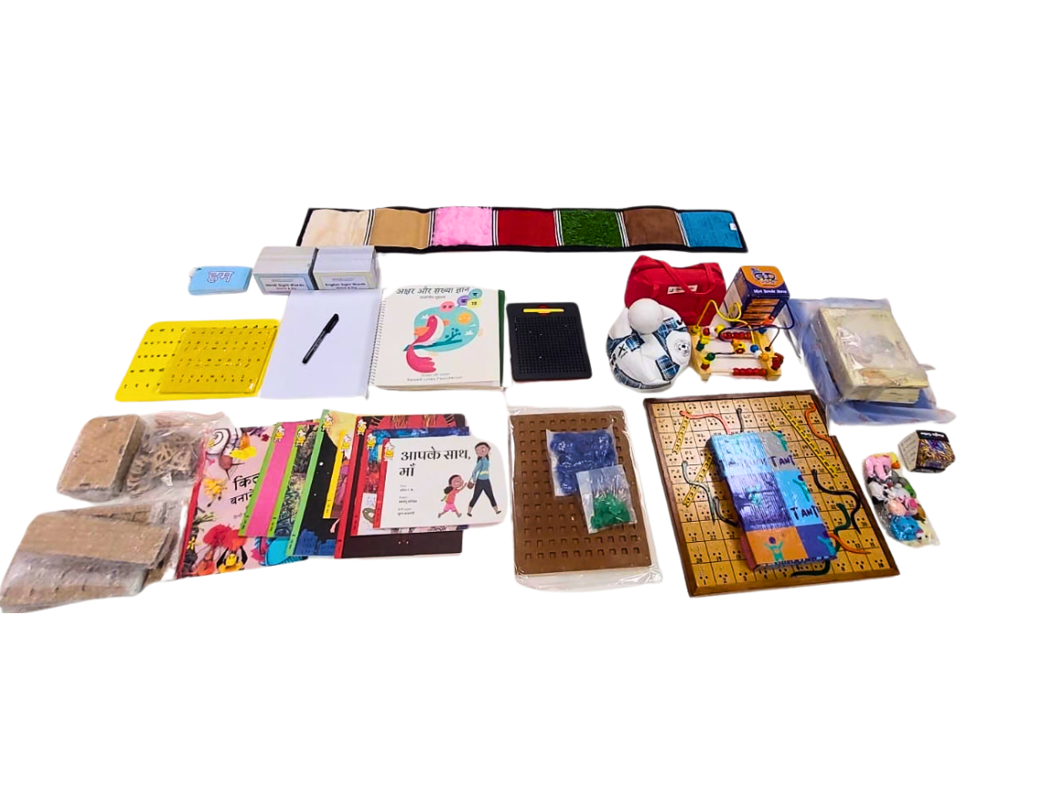 Collection of various stationery items and small toys on a white background