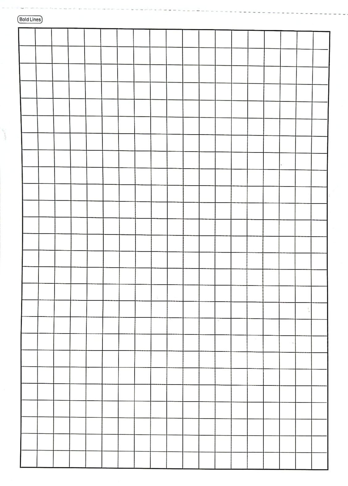Close-up of a Bold Lines graph paper sheet with square grid, strong outer border and cut guide at the top