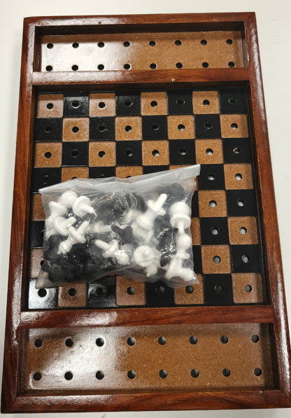 Wooden checkers board with pieces on a white background