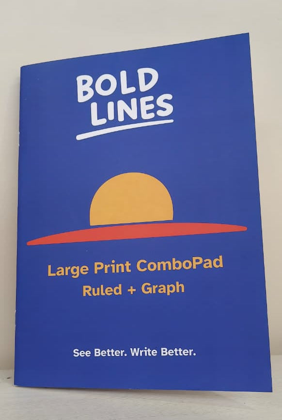 Front cover of Bold Lines Large Print Combo Pad Ruled plus Graph in blue with yellow sun design