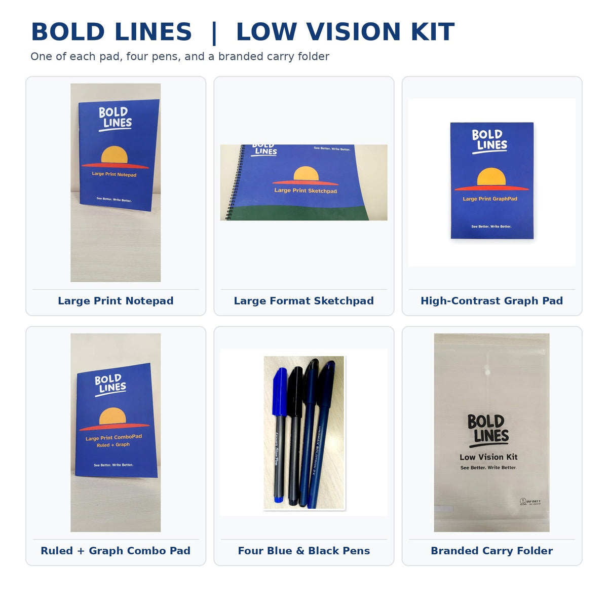 Complete Bold Lines low vision school stationery kit: notepad, sketchpad, graph pad, ruled plus graph combo pad, four pens and carry folder
