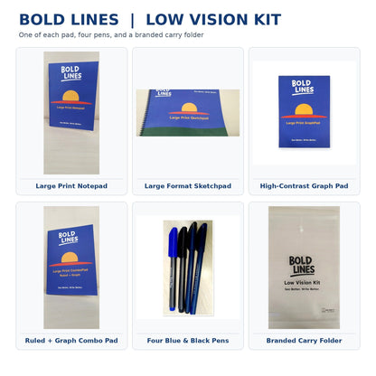 Complete Bold Lines low vision school stationery kit: notepad, sketchpad, graph pad, ruled plus graph combo pad, four pens and carry folder