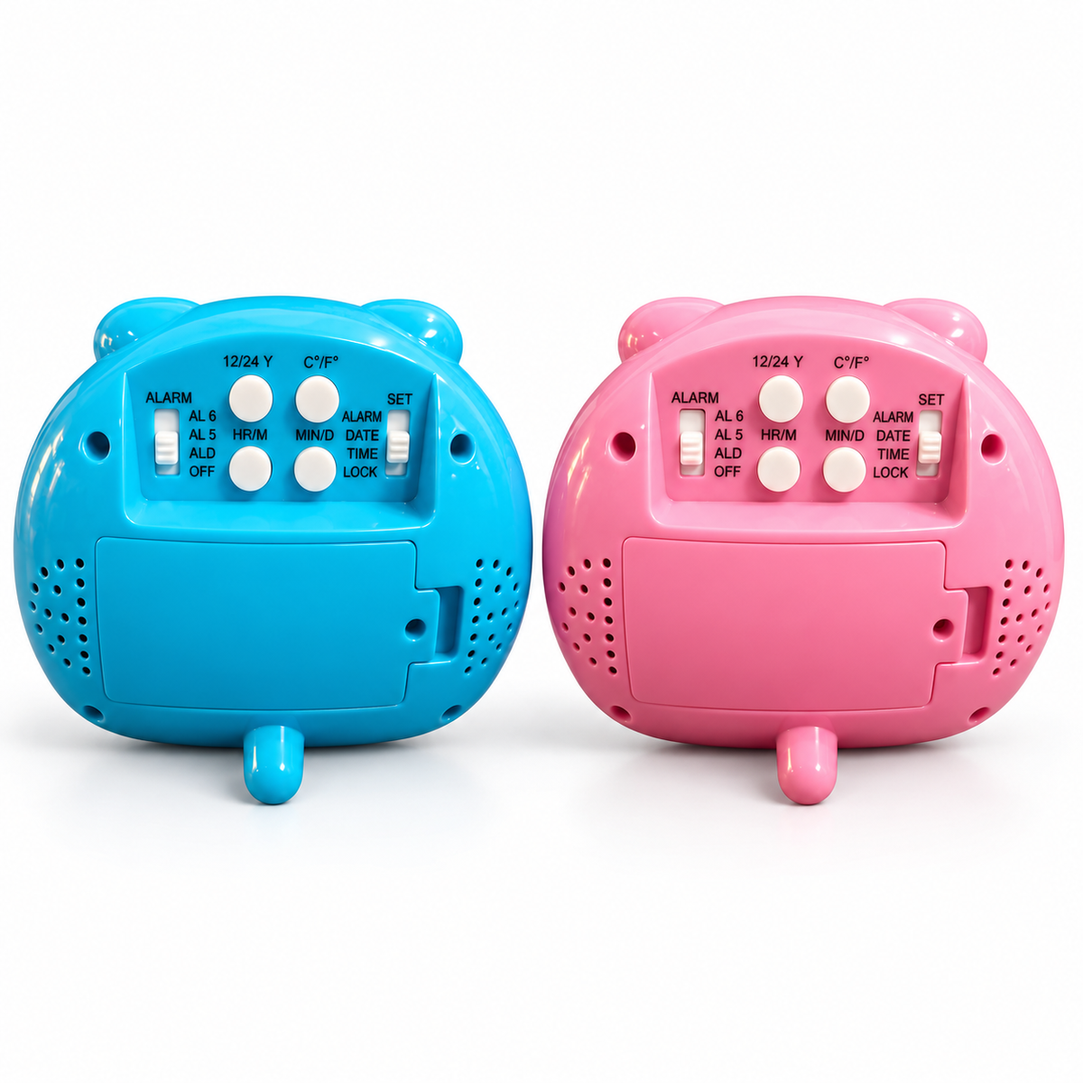 Rear view of blue and pink DT-1602-E talking alarm clocks showing mode controls, alarm switch and battery covers
