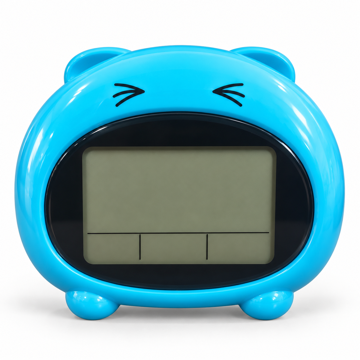 Front view of the blue DT-1602-E talking digital table clock with rounded ears, dark display frame and LCD screen
