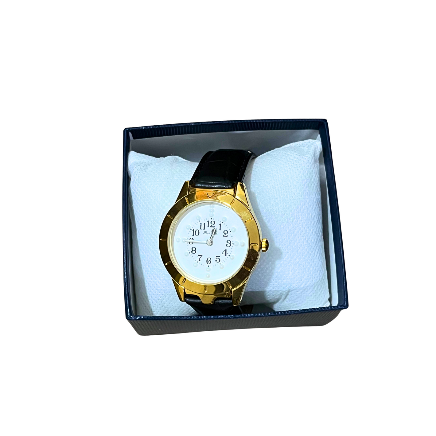 9008 Golden Dial Braille Watch For Gents With Leather Strap@