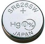 A single round silver button cell battery with printed text including 'SR626SW', '+', 'Hg 10%', and 'JAPAN' on a plain white background.