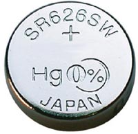 A single round silver button cell battery with printed text including 'SR626SW', '+', 'Hg 10%', and 'JAPAN' on a plain white background.